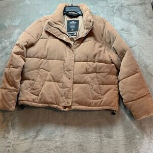 Hollister Corduroy Puffer Jacket Tan Brown Recycled Fill Full Zip Womens XL